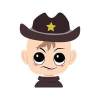 Boy with emotions of suspicious, displeased eyes in sheriff hat with yellow star. Cute kid with annoyed expression in carnival costume for holiday. Head of adorable baby vector
