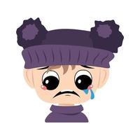 Child with crying and tears emotion, sad face, depressive eyes in violet hat with pom pom. Head of toddler with melancholy expression vector