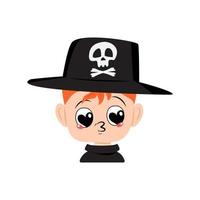 avatar de niño con cabello rojo, ojos de corazón grande y labios de beso con sombrero con calavera. niño lindo con rostro amoroso en traje de carnaval. decoración de fiesta de halloween. cabeza de niño adorable vector