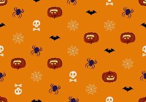 patrón transparente brillante con calabazas, calaveras y arañas. decoración festiva de otoño para halloween. Fondo de octubre de vacaciones para impresión en papel, textil y diseño. vector