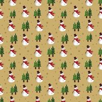 Seamless Christmas pattern with snowmen, fir and stars on gold background. Bright print for New Year and winter holiday, wrapping paper, textiles and design. vector