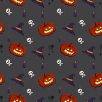 Seamless pattern with pumpkins, candles, spiders, hats and skulls. Halloween festive autumn decoration. October holiday background vector