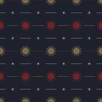 Seamless pattern with gold and red snowflakes and stars on dark background. Festive winter traditional decoration for New Year, Christmas, holidays and design. Ornament of simple line vector