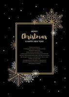 Vertical Merry Christmas and New Year greeting card with beautiful golden snowflakes on black background. Frame with space for text vector