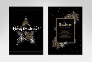 Vertical Merry Christmas and Happy New Year two side greeting card with beautiful golden snowflakes on black background. Design for social media, massages, announcements. Space for text vector