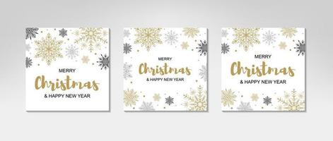 Set of Merry Christmas and New Year greeting cards with beautiful golden snowflakes on white background. Frame with space for text vector