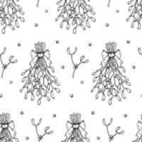 Hand drawn Christmas seamless pattern with mistletoe isolated on white background. Christmas design elements. Vector illustration in sketch style.