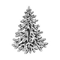 Hand drawn Christmas tree isolated on white background. Design element for Christmas cards, invitations, decorations. Vector illustration in sketch style