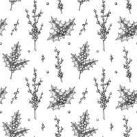 Christmas seamless pattern with hand drawn holly branches and berries isolated on white background. Vector illustration in vintage sketch style