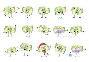 Set of characters cauliflower with emotions, face, arms and legs. Funny or sad vegetable falls in love, keeps distance in a mask, dances in a Santa hat vector