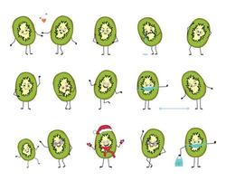 Set of kiwi characters with emotions, face, arms and legs. Cheerful or sad exotic fruit falls in love, keeps distance in a mask, dances in a Santa hat vector