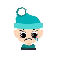 Avatar of child with crying and tears emotion, sad face, depressive eyes in blue hat with pompom. Head of toddler with melancholy expression vector