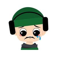 Child with crying and tears emotion, sad face, depressive eyes in green hat with headphones. Cute kid with melancholy expression in autumnal or winter headdress and scarf. Adorable baby with emotions vector