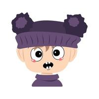 Child with emotions panic, surprised face, shocked eyes in violet hat with a pom pom. Head of toddler with scared expression vector