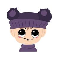 Avatar of a child with big eyes and a wide happy smile in a violet hat with a pom pom. Head of a toddler with a joyful face vector