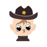 Boy with big heart eyes and kiss lips in sheriff hat with yellow star. Cute kid with loving face in carnival costume for the holiday vector