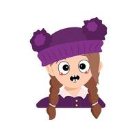 Avatar of girl with emotions panic, surprised face, shocked eyes in purple hat with pompom. Head of child with scared expression vector