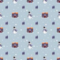 Seamless pattern with festive Christmas houses, snowman, trees and snowflakes on blue background. Bright print for the New Year and winter holidays for wrapping paper, textiles and design. vector