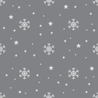 Seamless pattern with white snowflakes and stars on grey background. Festive winter traditional decoration for New Year, Christmas, holidays and design. Ornament of simple line vector