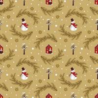 Seamless pattern with festive Christmas houses, snowman, trees in snow and stars on cold background. Bright print for New Year and winter holidays for wrapping paper, textile and design vector