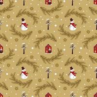 Seamless pattern with festive Christmas houses, snowman, trees in snow and stars on cold background. Bright print for New Year and winter holidays for wrapping paper, textile and design vector