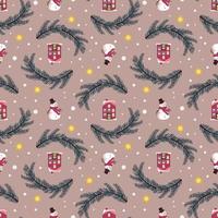 Seamless pattern with festive Christmas houses, snowman and stars on cold background. Bright print for New Year and winter holidays for wrapping paper, textile and design vector