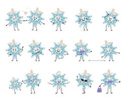 Set of cute Christmas snowflake character with emotions, face, arms and legs. Cheerful or sad festive decoration for New year falls in love, keep distance in mask, dance in Santa hat and expressions vector