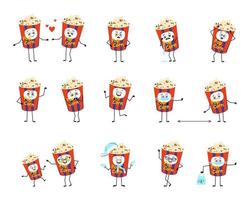 Set of popcorn in a holiday box characters with emotions, face, hands and legs. Happy or sad snack for cinema and films falls in love, keeps distance in a mask, dances in a Santa hat vector