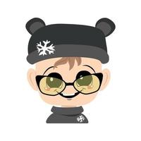 Avatar of child with big eyes, wide smile and glasses in bear hat with snowflake. Cute kid with joyful face in autumnal or winter headdress. Head of adorable baby with happy emotions vector