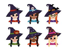 Set of avatars girl of different nationalities with big eyes and wide happy smile in pointed witch hat. Head of child with joyful face. Halloween party decoration vector