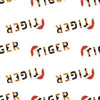 Seamless pattern with tiger letters and word in red Santa hat. Festive print for new year and winter holidays, textiles, wrapping paper and designs vector
