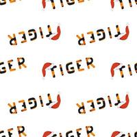 Seamless pattern with tiger letters and word in red Santa hat. Festive print for new year and winter holidays, textiles, wrapping paper and designs vector