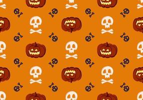 Bright seamless pattern with pumpkins, skulls and crossbones on orange background. Fashion print for kids party, holiday, halloween, textile and design vector