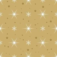 Seamless pattern with white snowflakes and stars on gold background. Festive winter traditional decoration for New Year, Christmas, holidays and design. Ornament of simple line vector