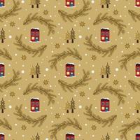 Seamless pattern with festive Christmas houses, trees in snow and stars on cold background. Bright print for New Year and winter holidays for wrapping paper, textile and design vector