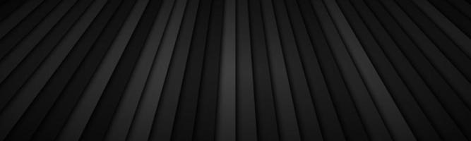 Encabezado de rayas abstractas con diferentes transparencias. Fondo geométrico metálico negro con degradado oscuro. banner simple vector