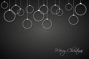 White christmas balls with strings on black background. Holiday greeting card with merry christmas sign. Happy new year vector iilustration