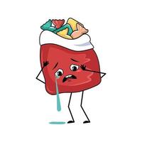 Cute red bag character with New Year gifts with crying and tears emotion, sad face, depressive eyes, arms and legs. Merry Christmas item, joyful sweet food, box with depression expression vector