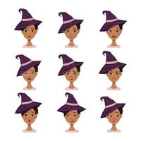 Set of facial expressions of an African American woman avatar with black curly hair in a pointed witch hat. Different emotions. Attractive cartoon character for Halloween autumn holiday in costume vector