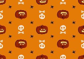 patrón transparente brillante con calabazas, calaveras y arañas. decoración festiva de otoño para halloween. Fondo de octubre de vacaciones para impresión en papel, textil y diseño. vector