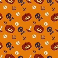 patrón transparente brillante con calabazas y calaveras, sonrisa y agárico de mosca. decoración festiva de otoño para halloween. Fondo de octubre de vacaciones para impresión en papel, textil y diseño. vector