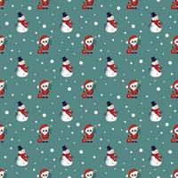 Seamless Christmas pattern with red Santa Claus, bag with presents, snowman and snowflakes. Bright print for New Year and winter holiday, wrapping paper, textiles and designs. vector