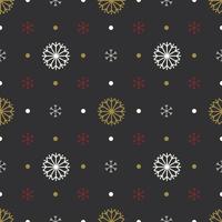 Seamless pattern with white and red snowflakes, gold dots on black background. Festive winter traditional decoration for New Year, Christmas, holidays and design. Ornament of simple line vector