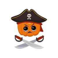 Cute pumpkin character with angry emotions, grumpy face, furious eyes in captain cocked hat and crossed sabers. Halloween party decoration. Mischievous Vegetable Hero vector