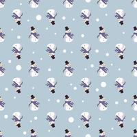 Seamless pattern with cute smiling snowmen. Merry Christmas holiday print, New Year decoration. Winter and festive background vector