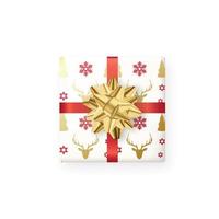 Christmas gift box wrapped in paper and decorative realistic golden bow. vector