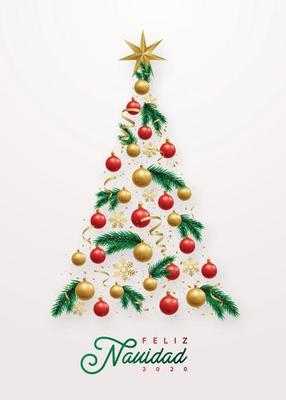 Greeting card with christmas tree flat lay composition on white background.