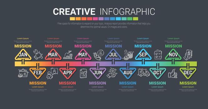 Presentación de la línea de tiempo para el año, vector de diseño de infografías y presentación.