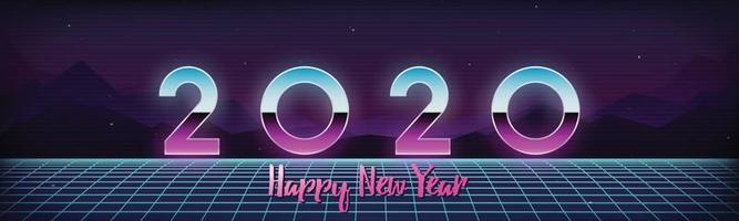 Happy New Year 2020 banner in 80s digital retro futuristic style. vector