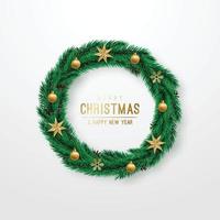 Green Christmas wreath with golden baubles, stars and confetti. vector